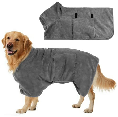HIVTE Hundebademantel & Trockentuch - Mikrofaser Schnell trocknend & Saugfähig mit verstellbarem Kragen und Taille (Grau-XL)