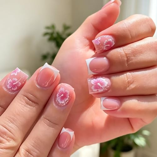 Künstliche Nägel Zum Aufkleben Kurz Squared - 24 Stück Rosa White Press on Nails Mit Kreative Blühende Blumen, Natürlich Glänzend Full Cover Fingernägel - Quadratische Falsche Nägel für DIY Frauen