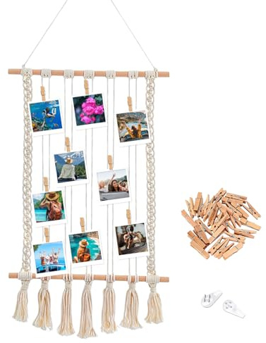 DYHNQE Bilderrahmen mit Klammern und Leine 68x40cm, Boho Bilderrahmen Collage Hängende Boho Fotohalter Wand mit 30 Klammern und 2 Spurlosen Nägeln für Schlafzimmer Wohnzimmer Büro Deko