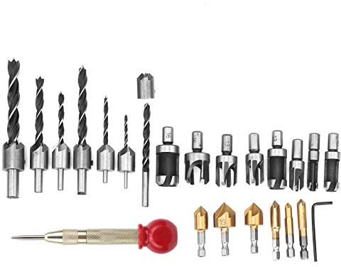 Aramox Juego de Brocas para Carpintería, Cortador de Tapón de Acero de Alta Velocidad y Brocas Avellanadoras, Kit de 23 Piezas Chapado en Ti con Vástago Hexagonal para Carpintería y