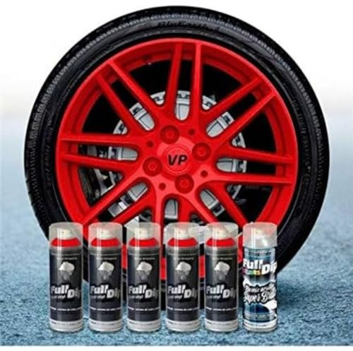 AutoFullCar - Pack Llantas Vinilo LIQUIDO Full Dip - 5 Sprays Rojo Metalizado + 1 Spray Barniz ACRILICO Acabado Brillo - 400 ml. Unidad
