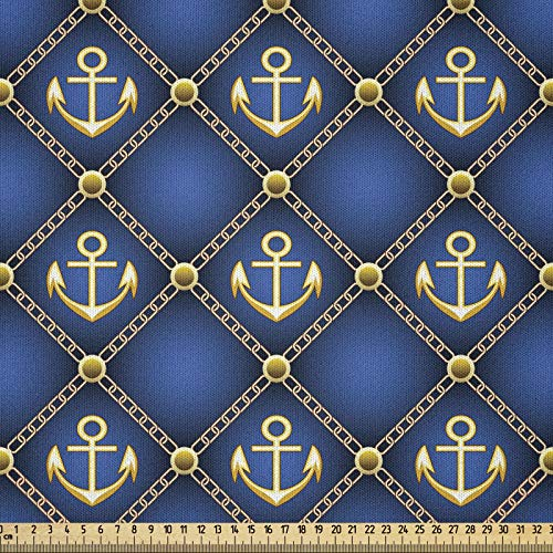 ABAKUHAUS Königsblau Stoff als Meterware, Maritimes Thema Anker, Microfaser Multi Zweck Dekostoff für Kunsthandwerke, 3M (230x300cm), Braun Gelb