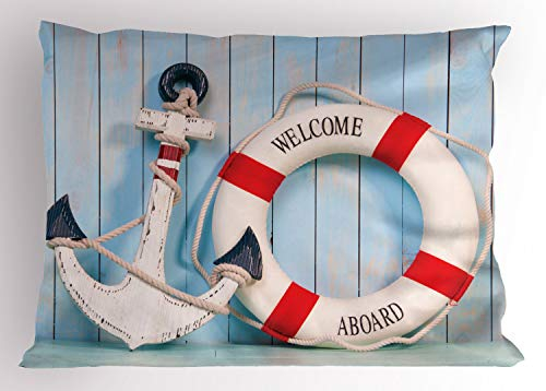 ABAKUHAUS Schäbig Kissenbezug, Anker und Rettungsring, Dekorativer Standard King Size Gedruckter Kissenbezug, 65 x 50 cm, Rot Hellblau Navy Blau