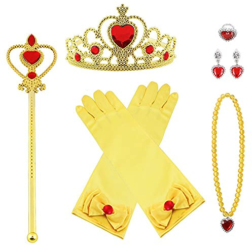 Vicloon Prinzessin Kostüme Zubehör Set of 7, Mädchen Dress up Zubehör mit ELSA Handschuhe, Pfirsichherz Krone, Zauberstab, Ring, Halskette, Ohrring für Geburtstage, Cosplay und Festivals
