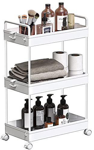 SOLEJAZZ Rollwagen, Küchenwagen mit 3 Ebenen, Mobiler Aufbewahrungsregal-Organizer für Küche, Bad, Waschküche, Schlafzimmer, schmale Plätze, Kunststoff,mit Griffen, 22 x 40 x 61 cm,Weiß