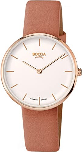 Boccia Damen Armbanduhr mit Gehäuse aus Titan, in der Farbe: Roségold, Armband aus: veganem Apple Skin in Altrosa, Gehäusedurchmesser: 35 mm, 3327-05