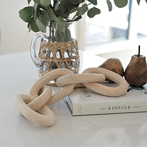 White Oak Village Wood Chain Link Decor - Hand Carved Decorative Wood Chain, 5 Link Chain Decor, Natural Rustic Decor, Coffee Table Decor, Farmhouse Decor, Shelf Decor (Natural, Paulownia)