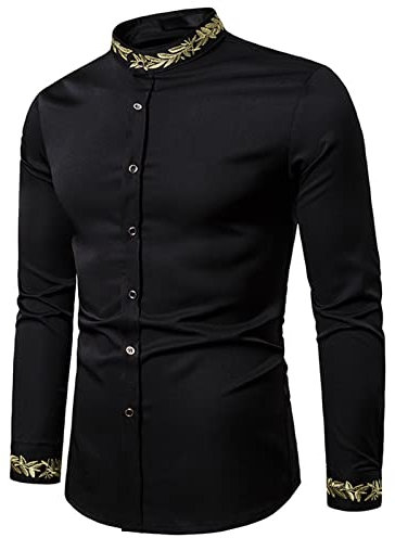 SSBZYES Chemises pour Hommes à Col Montant De Couleur Unie Manches Longues Brodées La Mode Motif Broderie Henley Tops Décontractés, Noir, L