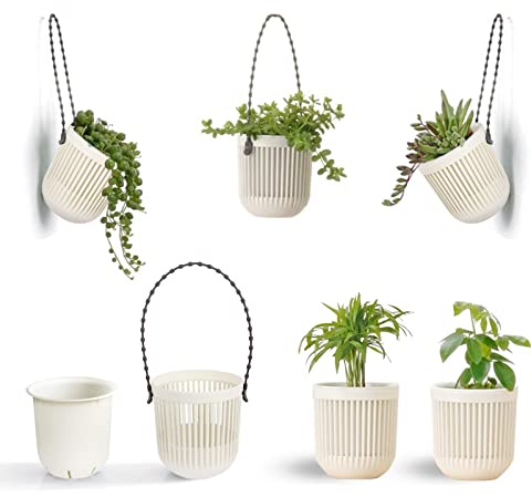 Melphoe Lot de 6 pots de fleurs en deux pièces de 8,9 cm avec drainage, poignée flexible et amovible, pots de fleurs pour mini plantes, petits pots de fleurs à suspendre pour mur, fenêtre, blanc