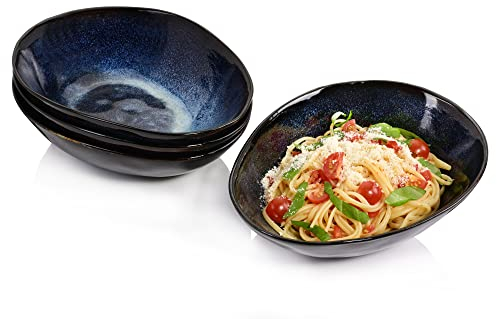 Sänger | Pastateller Tokio 4 tlg, Spaghetti Teller 4 Personen, Steingut Geschirr Set Pasta, Nudelteller Spülmaschinenfest, Pastaschale Blau-Schwarz mit Braunen Akzenten 1,2L | PREMIUM COLLECTION