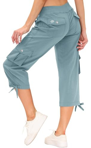 MoFiz Womens Cropped Trousers Capri Crop Pants Ladies Shorts 3/4 Length Trousers Active Sports Joggers Pants with Pockets Grey-Blue Size L