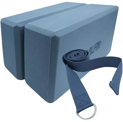 VLFit Set of 2 Hi-Density Yoga Blocks with Yoga D Ring Cotton Stretch Strap – Choice of Colour