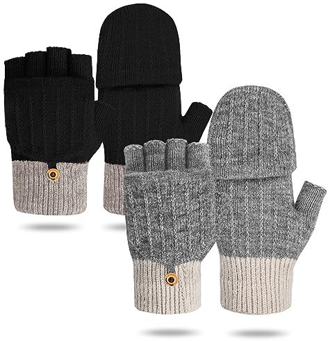 Justay Sowarm Fingerlose Handschuhe Damen Winter Warme Fäustlinge Strickhandschuhe Mit Flip Top Sport Warm und Winddicht Winterhandschuhe für Damen und Herren 2 Paar