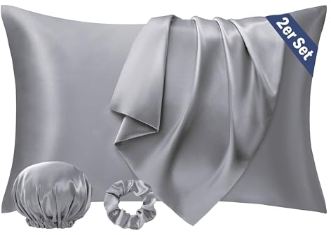 Seiwohl Satin Kissenbezug 40 x 80 2er Set, Weich wie Seidenkissenbezug Silk Pillowcase, Vegane Seide Kopfkissenbezug Kissenhülle Haarschutz für die Nacht mit Haargummi und Haarhaube, Grau