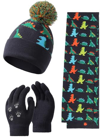 NATUST Mütze Schal Handschuh-Sets für Jungen Dinosaurier Wintermütze mit Bommel Warmer Strickschal Handschuhe