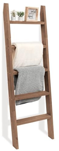 FUIN 5ft (58) Wood Blanket Ladder Living Room Decorative Wall Leaning Farmhouse Quilt Display Holder Shelf Rustic Wooden Towel Rack for Bathroom, Brown
