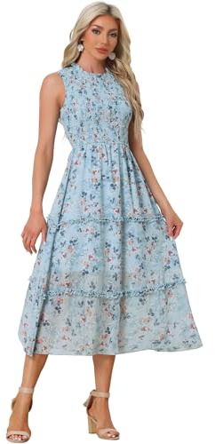 Allegra K Damen Ärmellos Kleid Geblümt Rüschen Rundhals Chiffon Hohe Taille Gesmokte A-Line Kleider Hellblau L