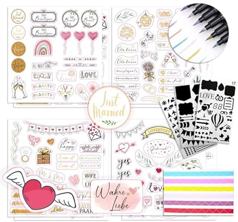CAVOADO® Sticker und Stifte Hochzeit Gästebuch - Vintage Aufkleber für Gästebuch oder Fotoalbum mit viel Liebe - Love Stickers für Scrapbook oder Bullet Journal - Wedding Deko