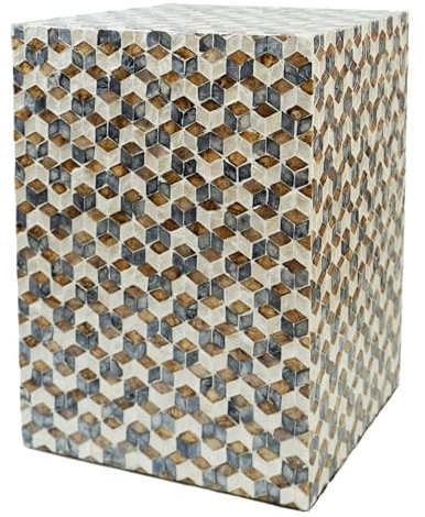 PEMAR Mother of Pearl Square Drum End Table Nacre Lacquer Side Bedside Accent Table and Vanity Stool for Living Room Bedroom (Geometric Cube)