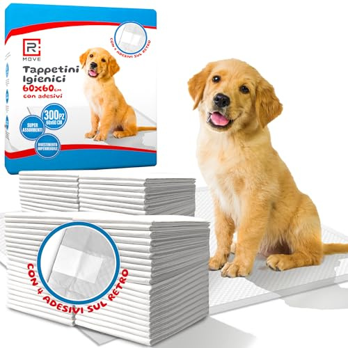 R MOVE 300 Traversine Cani 60x60 con Adesivi - Tappetini Igienici Assorbenti per Cani, Traverse Cane EXTRA Assorbenti, Telini Pipi, Tappetino Igienico con rivestimento antiodore Traversina Assorbente