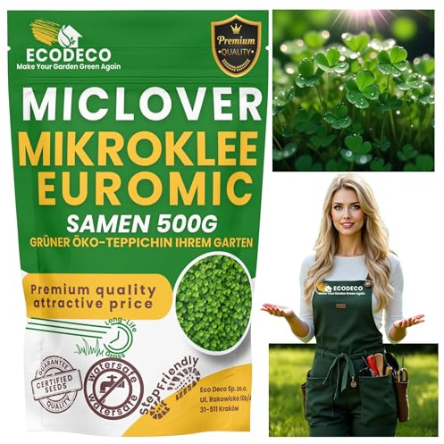 ECODECO Mikroklee Samen 500g - Weiß Klee Samen - Clover Rasen Samen | Zwergklee für Gleichmäßiges und Grüner Gras - Microclover für Grassamen Saatgut - 400 m²mit Gras oder 200 m² Allein