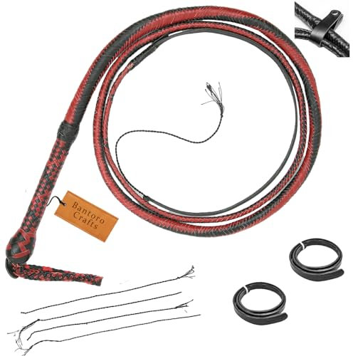 Bantoro Crafts Rosso e Nero Frusta in Pelle di Canguro Bullwhip16 Trecce Fili Pelle Intrecciata Frusta Che schiocca Forte (6 Piedi (1,8 Metri))