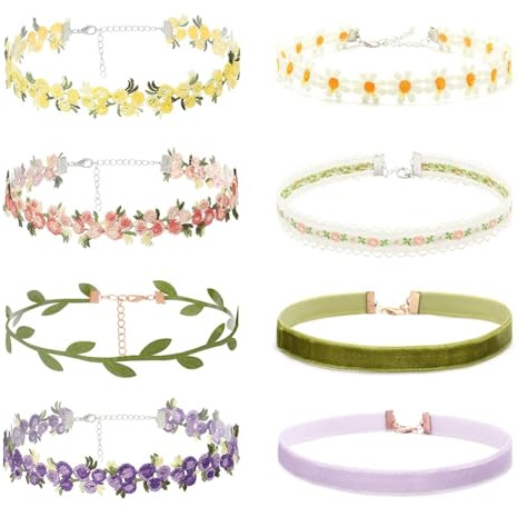 Nayyana 8-teiliges Choker-Set für Frauen - Samt- und Spitzen-Halsketten in Schwarz - Gothic und Punk-Style mit Daisy-Design