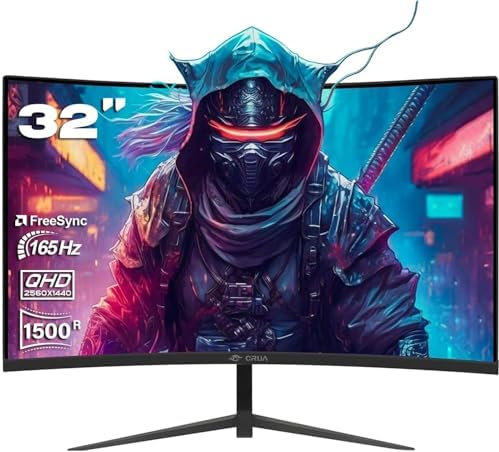 CRUA 32 Curved Gaming Monitor, 2K QHD 2560x1440P, 144Hz/165Hz Computer Monitors, 99% sRGB, FreeSync, Low Blue Light, 1800R VA Screen, HDMI 1.4/DP 1.2, Wall Mountable - Black