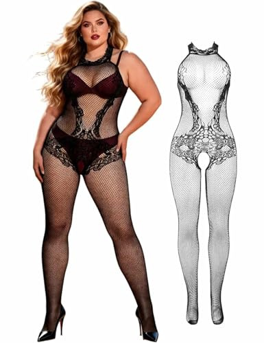 comeondear Intimo Donna Seducente Taglie Forti Bodystocking a Rete Trasparente Body Aperto Pizzo Halter Elastico Lingerie Sexydonna Hot Babydoll Collant Biancheria Intima Nero,3XL-5XL
