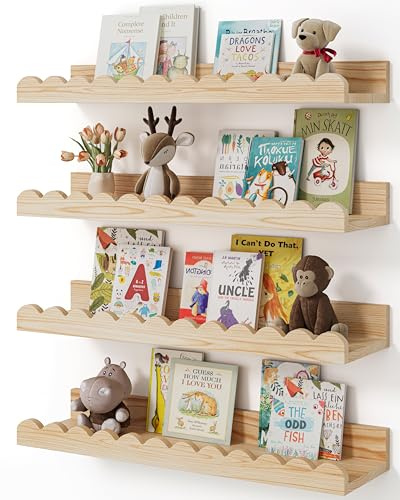 Shario Nursery Book Shelves, 4-Pack Wood Floating Shelves for Wall Kids, Scalloped Shelves, Wall Book Shelves for Bedroom Kids, Toddler Room, Baby Room, Nursery Decor(Wood, 16.5 Inches)