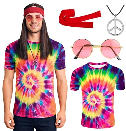 Betensh 70 Anni Costume Hippie Uomo, Anni 70 Accessori Hippie Parrucca Camicia Occhiali Collana, Costumi Divertenti, Vestiti Carnevale Adulti è adatto a Carnevale Cosplay XXL
