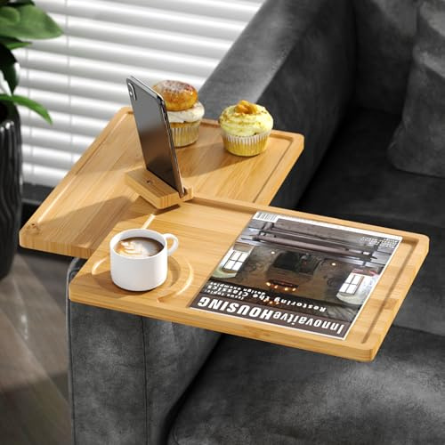 NiHome 2 Tier Bamboo Couch Armrest Table Tray Rotatable, Adjustable Sofa Arm Rest Tray, Sofa Side Table for Straight-Arm Sofas, Stable Metal Plate with Cup Holder, Phone Stand, Waterproof (Yellow)