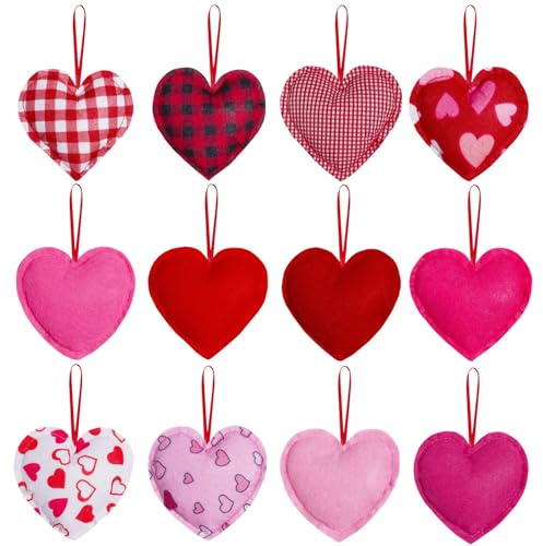 Belupai 12 Pezzi Pendenti a Forma di Cuore Appesi a San,Ornamenti a Cuore Rosso in Tessuto di Stoffa Palline a Forma di Cuore D'Amore Ornamenti Appesi per L'Albero di Natale
