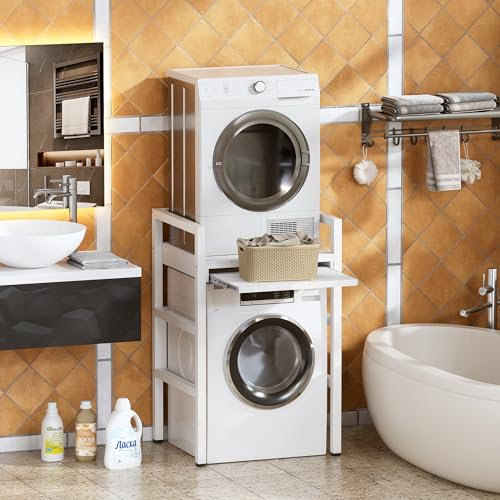 MSFE Scaffale sopra la Lavatrice con Ripiano,Scaffale per Incolonnamento Lavatrice e Asciugatrice,Supporto lavatrice Asciugatrice per Regolabilein Altezza,Capacità di Carico 350KG,Prodotto Brevettato