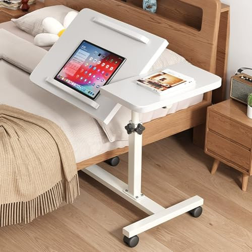 Table de Lit a Roulette pour Ordinateur Portable Plateau de Table Inclinable Table de Lit Roulante pour Ordinateur Portable Réglable en Hauteur de 59 à 89 Cm(White)