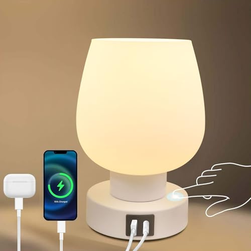 Nachttischlampe mit Kabel kleine Lampe für Schlafzimmer LED Nachttischlampe touch, 3-Wege dimmbar, weißes Opalglas Schatten, warme LED-Glühbirne enthalten