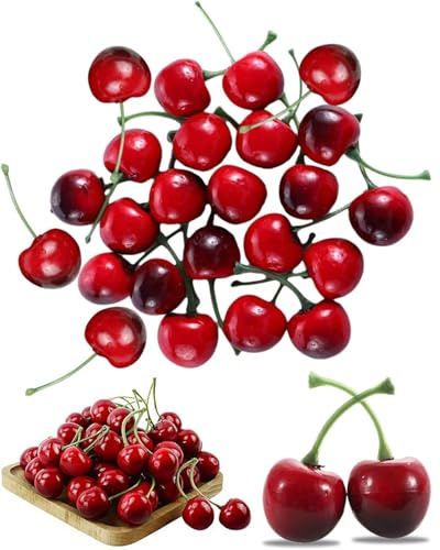 TPZORJX 20pcs künstliche Kirschen,obst deko,Kirschen Foto Requisiten,Falsche Obstdeko Simulation Kirschenmodell lebensechte Obst Kirschen Verzierung,Heim Küche Party Dekoration Schreibtisch Verzierung