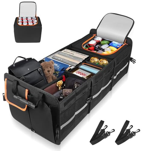 ExKeen Organisateur de Coffre SUV 115L, 90L + 25L Sac Isolant Amovible, 6 Compartiments Ajustables, Organisateur Coffre Voiture Pliable avec Couvercle pour SUV et Camion