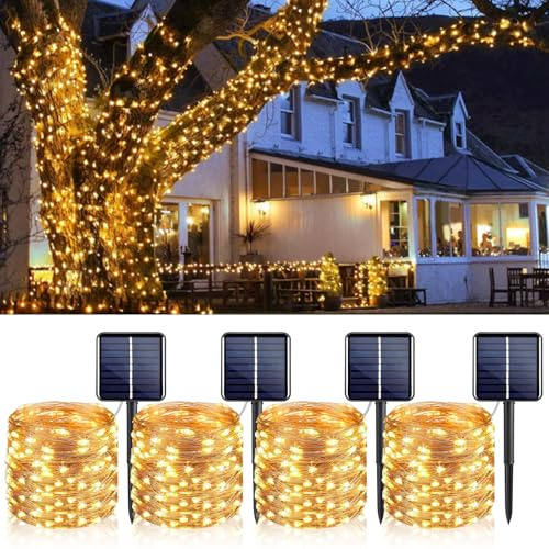 YIFMOO Solar Lichterkette Aussen, 4 Stück 12M 120LED Solar Lichterkette Außen Wetterfest, IP65 Kupferdraht Lichterkette mit 8 Modi, Warmweiß Solarlichterkette für Weihnachten Garten Balkon Party Deko
