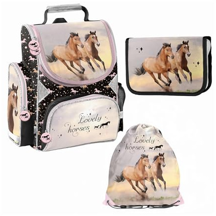 PASO- Schulranzen für Jungen und Mädchen, 4er-Set - Schul-Rucksack für Kinder mit Federmäppchen - Schuhbeutel und Hausaufgabenheft - Pferd Motiv- 1-3 Klasse