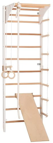 Kletterwand für Kinder und Erwachsene mit höhenverstellbarem Reck-Indoor Klettergerüst aus Holz - Wand-Reck, Stange, Gymnastik-Ringe, Kletterseil, beidseitiger Kletterrampe - Kombi 3 weiße Farbe