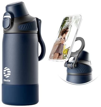Fjbottle Borraccia Termica 600ml con Cannuccia e Porta-Telefono Magnetico | Doppio sistema di bevuta, apertura a 1 clic, senza perdite, senza BPA, base in silicone e anello magnetico incluso