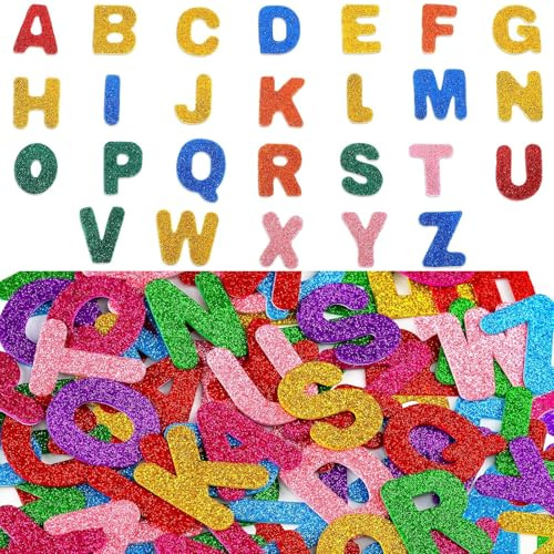 Nurila 156 Stück Buchstaben Aufkleber,Glitter Moosgummi Buchstaben Selbstklebend 4cm,Bunt Glitzer Buchstaben Selbstklebend Für Kinder Namensaufkleber DIY Handwerk Kartendekoration