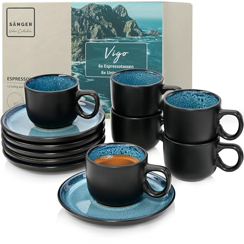 SÄNGER Vigo Espressotassen Set Steingut 12 tlg, Mokkatassen Set 6 Personen | Tassen & Untertassen - spülmaschinenfest mikrowellenfest - Tassenset blau mit schwarzen Rand 80 ml