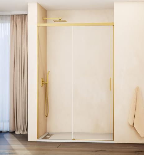 Mamparas para Ducha Frontal Fija y Corredera | Mampara de Cristal para Ducha 6 mm Antical Sin Perfil Inferior | Manpara para Baño Aluminio Premium – 120-125 cm - ORO