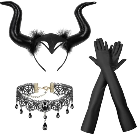 NieYat Maleficent Kostüm Damen, Königin Hörner Kopfschmuck Horn Kopfbedeckung Damen Halloween Haareif mit Gothic Retro Spitzenhalskette Straßenkarneval Kostüm Böse Stirnband Cosplay Haarband