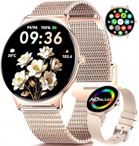 LIGE Smartwatch Damen Bluetooth Anrufe für Android iOS 1.43 AMOLED Always-on Display 7,9mm dünn Frauen Smart Watch Netz,Menstruationszyklus/Schrittzähler/Kalorien,100+ Sport Mode,FV12-D