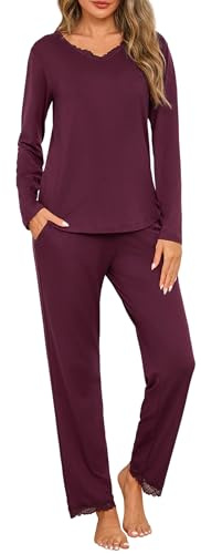 Jahetuul Cotton Pyjamas for Women Long Sleeve Pjs for Ladies Loungewear Sets V-Neck Lace Trim Tops and Bottoms with Pockets S-3XL Purple