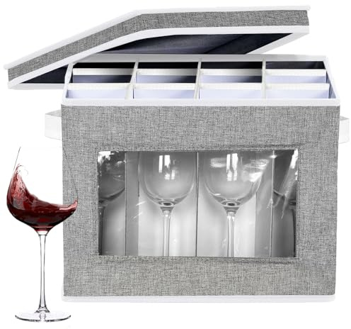 VERONLY Cajas de almacenamiento para copas de vino, caja de almacenamiento de China con divisores, carcasa dura para 12 cristalería, copas, copas de vino, embalaje y mudanza de vasos (gris claro)