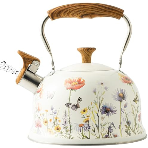 NASSMOSSE Stove Top Kettle, 3L Elegant Floral Food Grade Stainless Steel Whistling Kettle with Wood Handle Hot Water & Fast to Boil Teapot for Home Camping All Hob Types